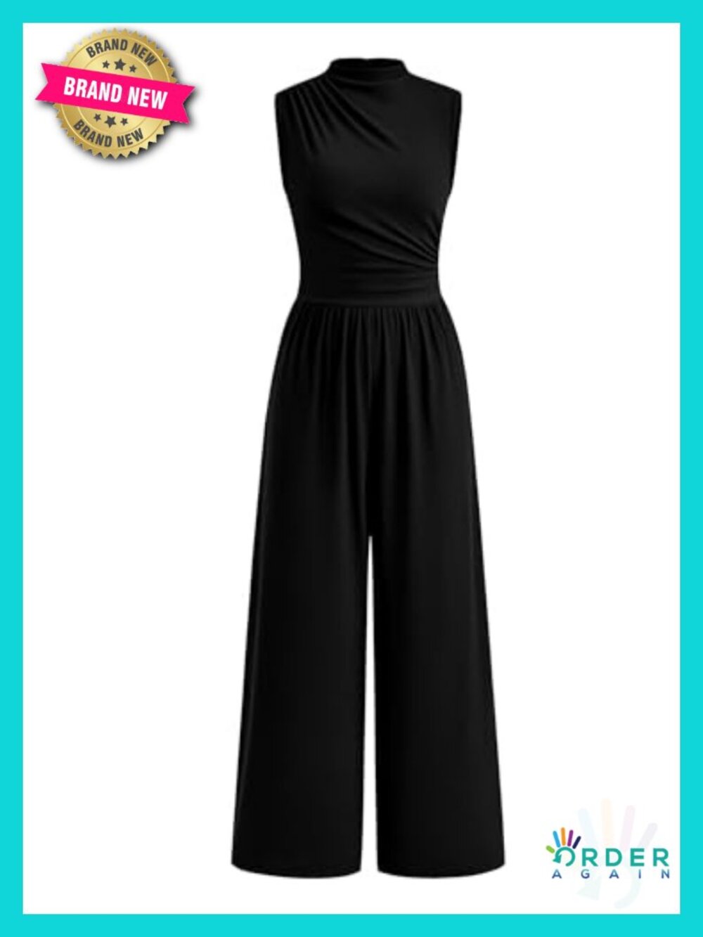 Sleeveless Mock Neck Wide Leg Jumpsuit with Pockets Ribbed Knit